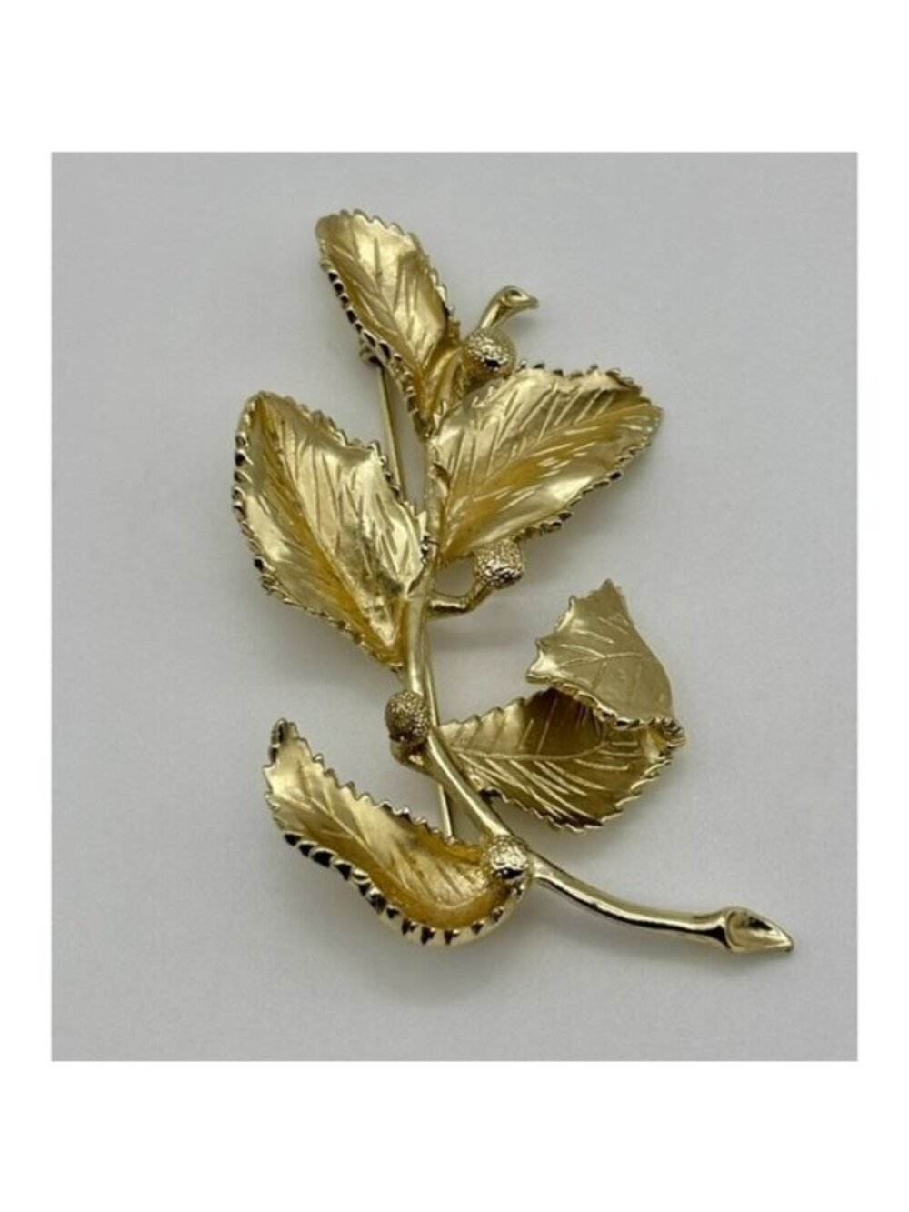 Vintage Coro Brooch-Pin,Textured Five Leaves and Berries Gold Tone Metal, Signed